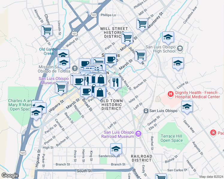map of restaurants, bars, coffee shops, grocery stores, and more near 1321 Osos Street in San Luis Obispo