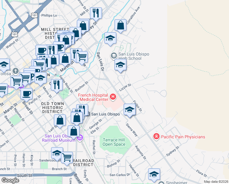 map of restaurants, bars, coffee shops, grocery stores, and more near Unnamed Road in San Luis Obispo