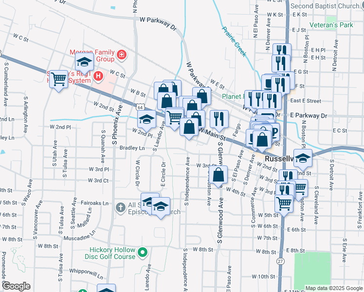 map of restaurants, bars, coffee shops, grocery stores, and more near in Russellville