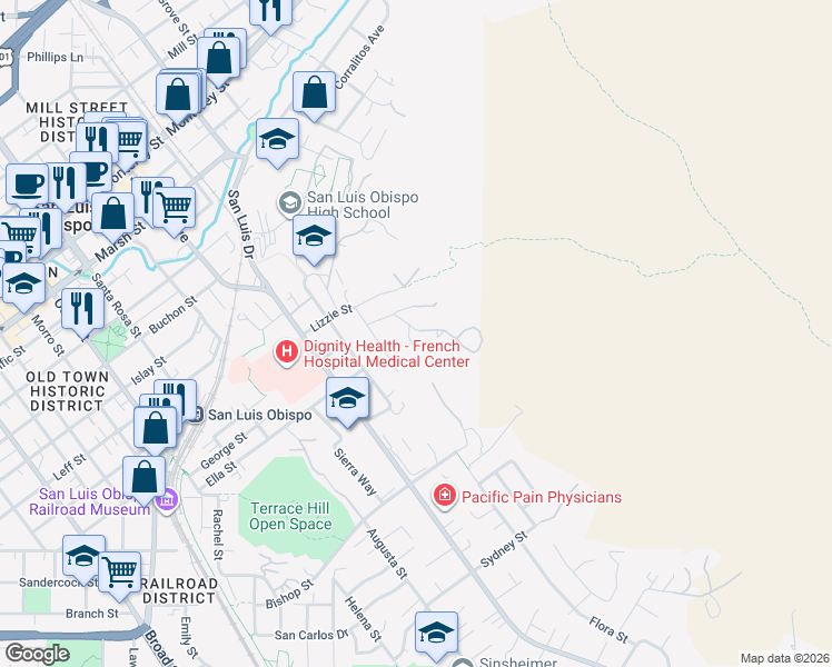 map of restaurants, bars, coffee shops, grocery stores, and more near 2045 Skylark Lane in San Luis Obispo