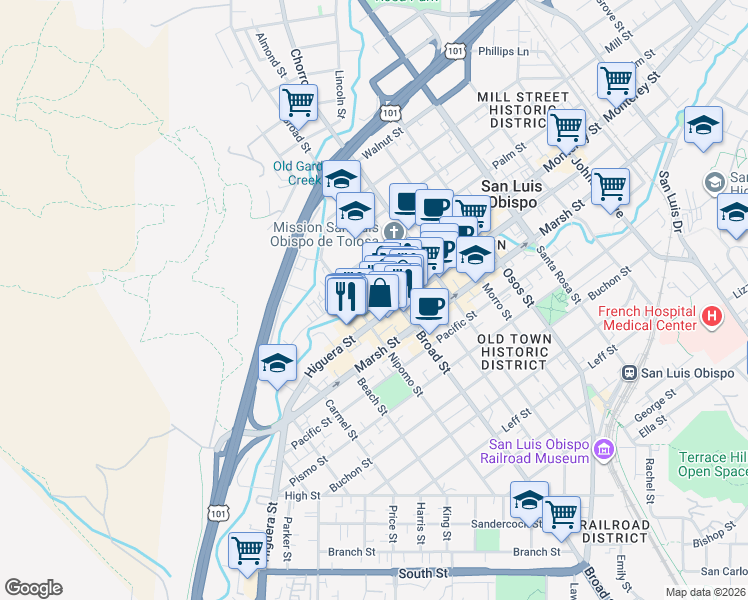 map of restaurants, bars, coffee shops, grocery stores, and more near 1051 Nipomo Street in San Luis Obispo
