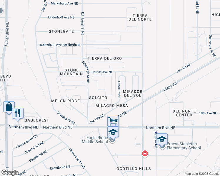 map of restaurants, bars, coffee shops, grocery stores, and more near 2213 Solara Loop Northeast in Rio Rancho