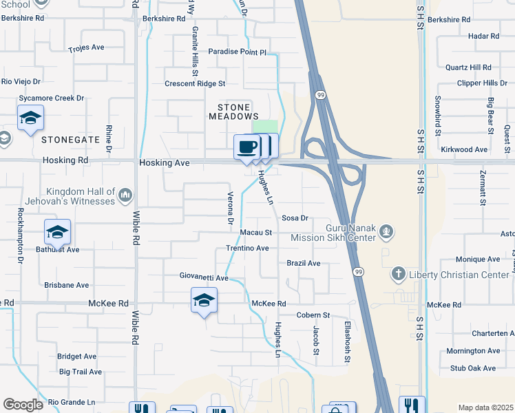 map of restaurants, bars, coffee shops, grocery stores, and more near 2607 Bagwell Court in Bakersfield