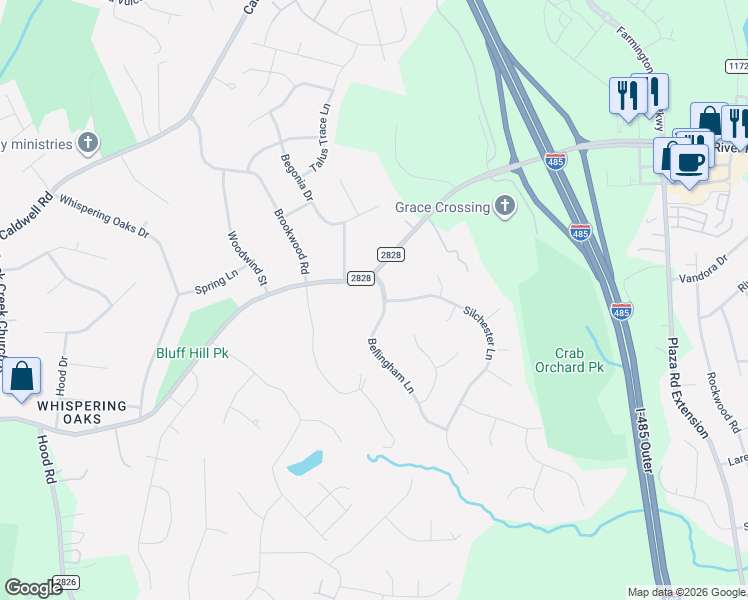 map of restaurants, bars, coffee shops, grocery stores, and more near 4019 Bellingham Lane in Charlotte