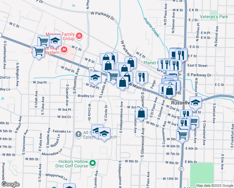 map of restaurants, bars, coffee shops, grocery stores, and more near in Russellville