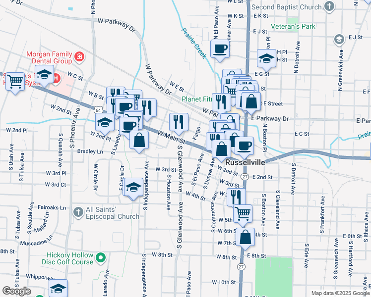 map of restaurants, bars, coffee shops, grocery stores, and more near 605 West Main Street in Russellville