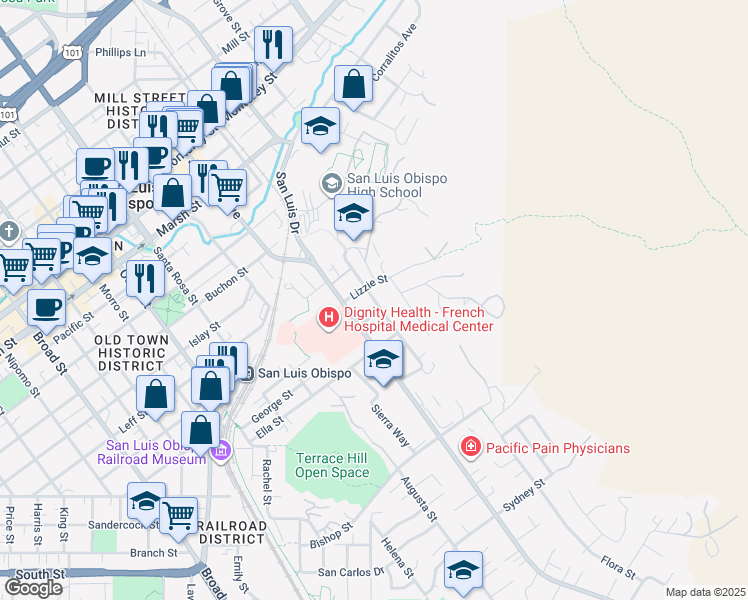 map of restaurants, bars, coffee shops, grocery stores, and more near 1850 Johnson Avenue in San Luis Obispo