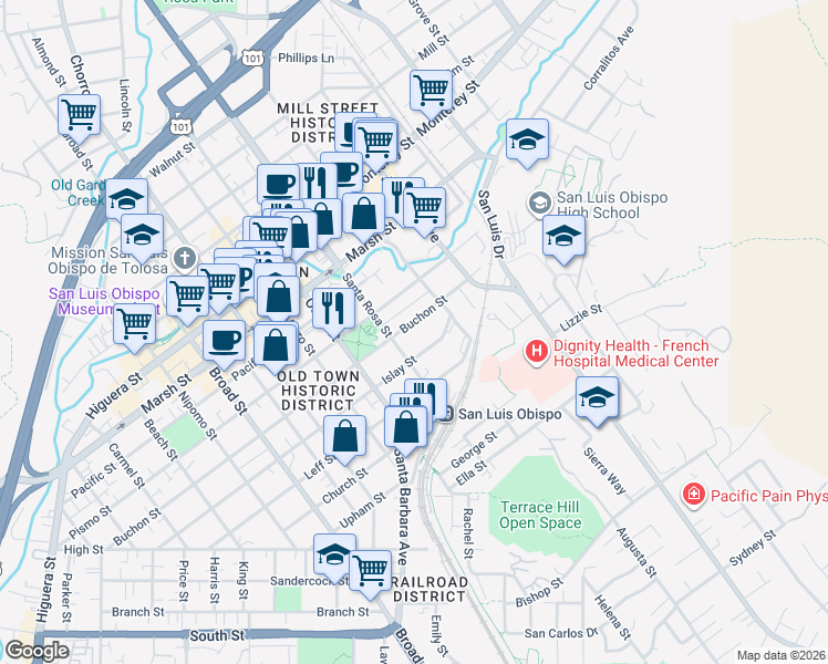 map of restaurants, bars, coffee shops, grocery stores, and more near 1130 Islay Street in San Luis Obispo