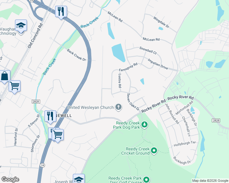 map of restaurants, bars, coffee shops, grocery stores, and more near 9411 Fernspray Road in Charlotte