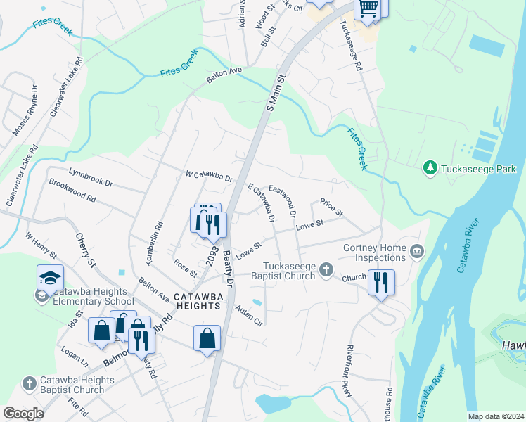 map of restaurants, bars, coffee shops, grocery stores, and more near 205 East Catawba Drive in Mount Holly