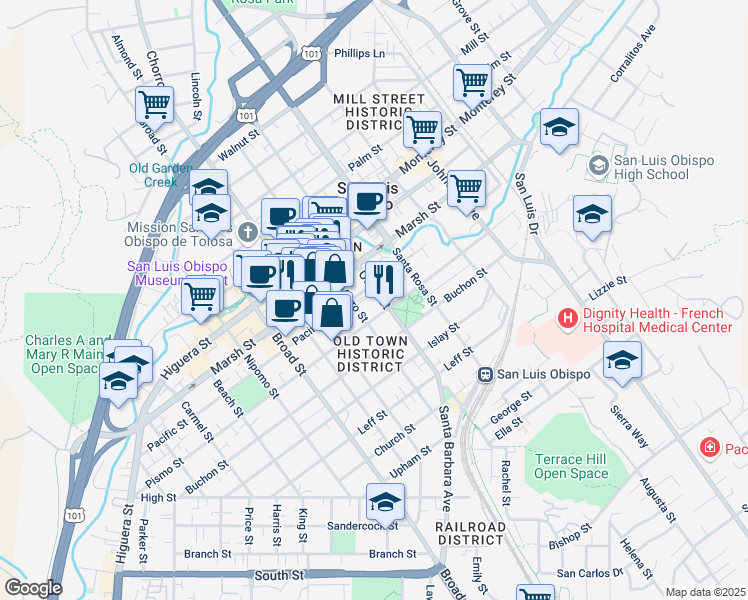 map of restaurants, bars, coffee shops, grocery stores, and more near 1321 Osos Street in San Luis Obispo