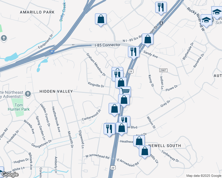map of restaurants, bars, coffee shops, grocery stores, and more near 204 Tom Hunter Road in Charlotte