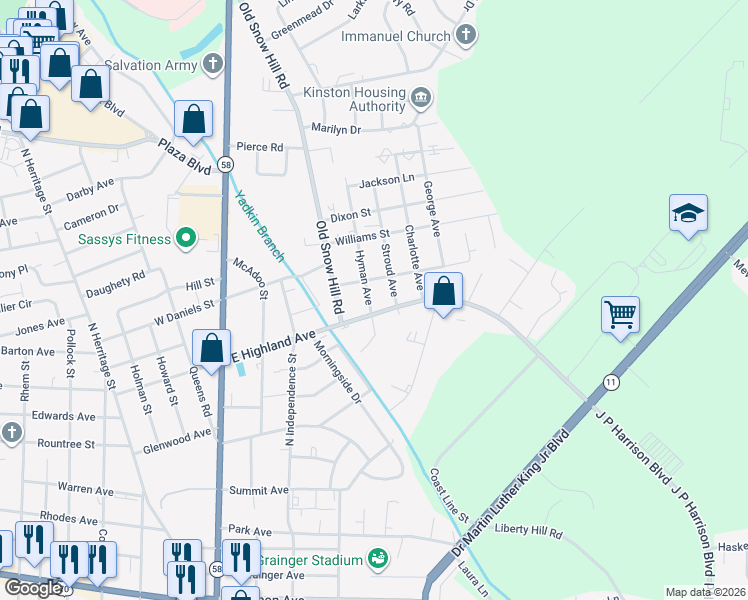 map of restaurants, bars, coffee shops, grocery stores, and more near 501 East Highland Avenue in Kinston