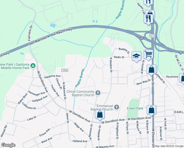 map of restaurants, bars, coffee shops, grocery stores, and more near 1250 North Ransom Street in Gastonia