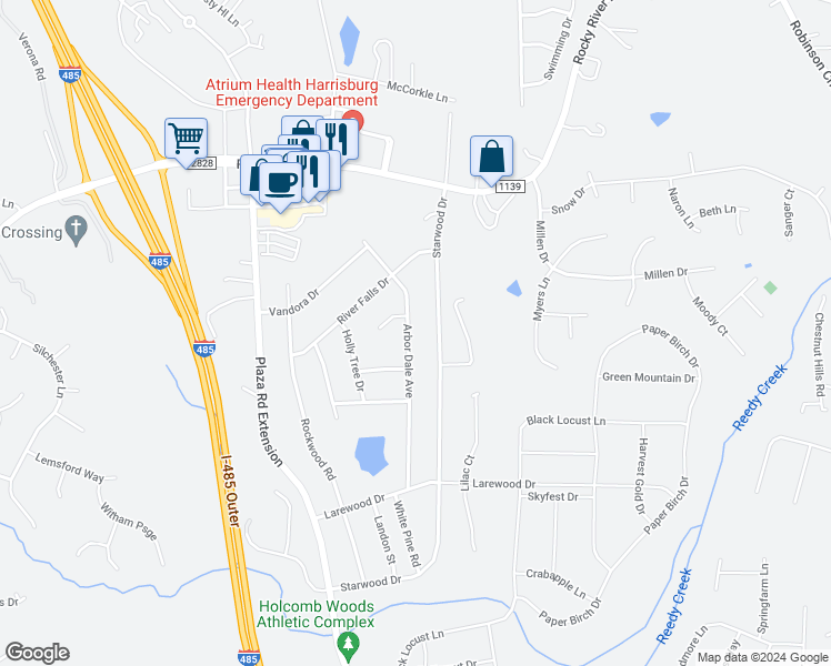 map of restaurants, bars, coffee shops, grocery stores, and more near 9909 Arbor Dale Avenue in Charlotte