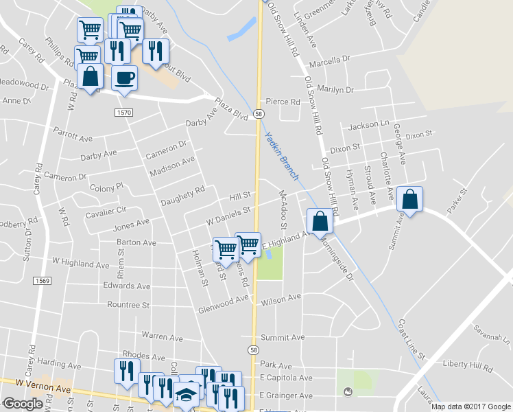 map of restaurants, bars, coffee shops, grocery stores, and more near North Queen Street in Kinston