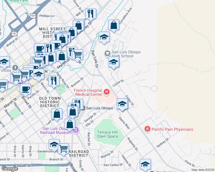 map of restaurants, bars, coffee shops, grocery stores, and more near Unnamed Road in San Luis Obispo