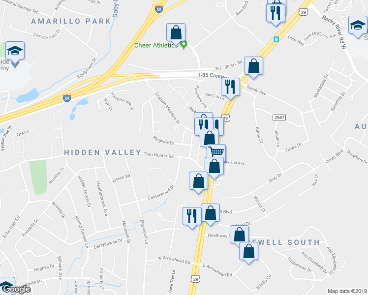 map of restaurants, bars, coffee shops, grocery stores, and more near 230 Tom Hunter Road in Charlotte