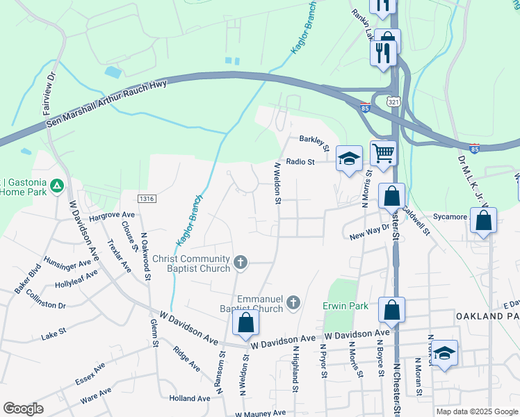 map of restaurants, bars, coffee shops, grocery stores, and more near 1315 Baugh Street in Gastonia