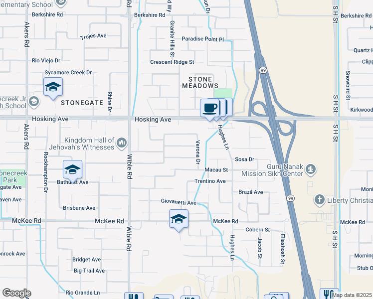 map of restaurants, bars, coffee shops, grocery stores, and more near 2819 Flint Hills Drive in Bakersfield