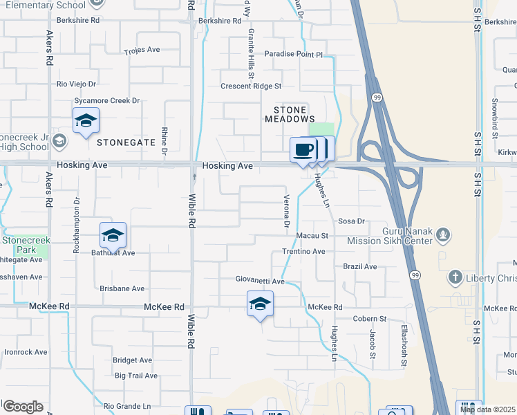 map of restaurants, bars, coffee shops, grocery stores, and more near 2901 Flint Hills Drive in Bakersfield