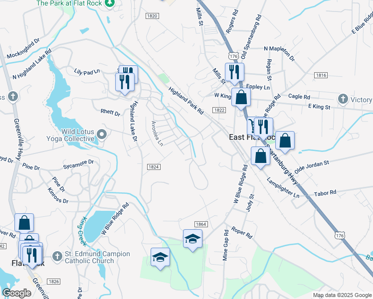 map of restaurants, bars, coffee shops, grocery stores, and more near 33 Halftimber Lane in Flat Rock