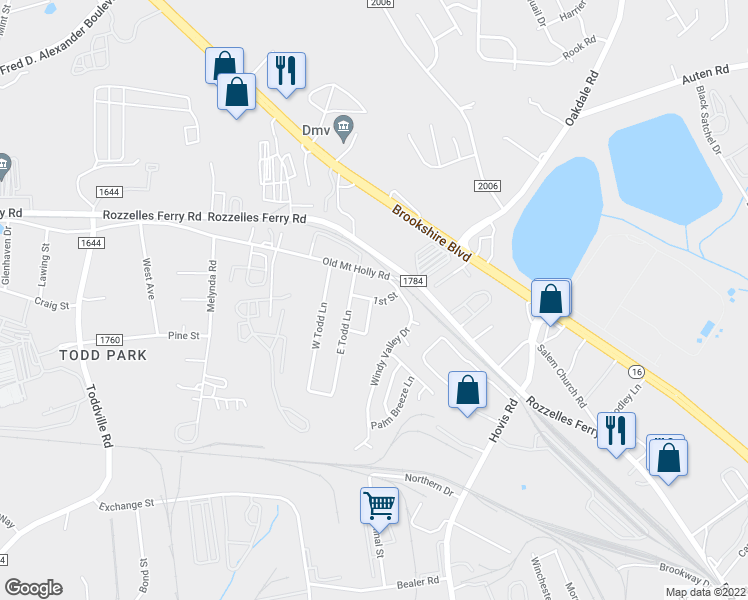 map of restaurants, bars, coffee shops, grocery stores, and more near 1st Street in Charlotte