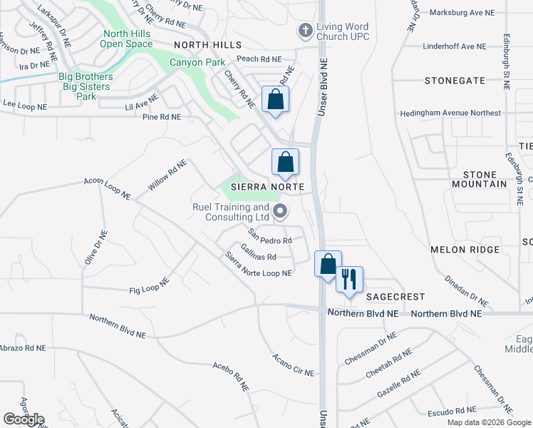 map of restaurants, bars, coffee shops, grocery stores, and more near 1508 San Pedro Road in Rio Rancho