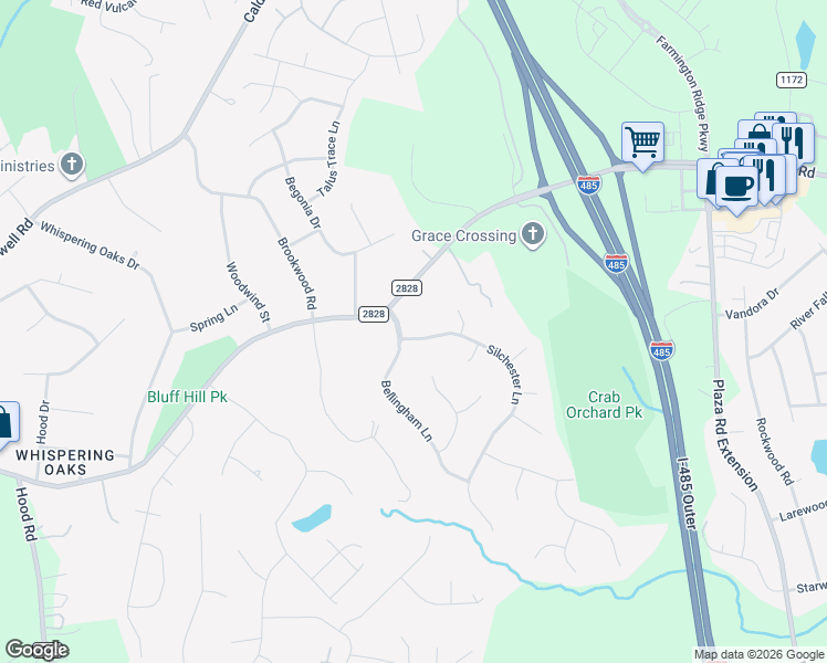 map of restaurants, bars, coffee shops, grocery stores, and more near 4108 Bellingham Lane in Charlotte