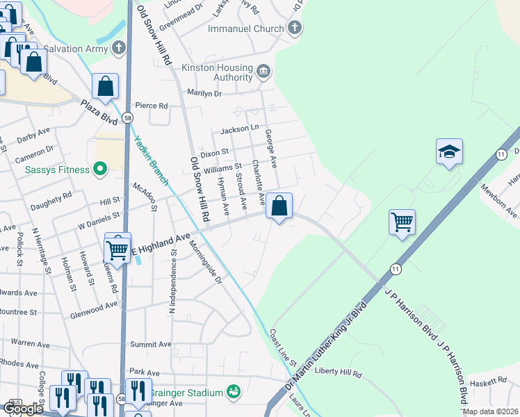 map of restaurants, bars, coffee shops, grocery stores, and more near 1406 Charlotte Avenue in Kinston