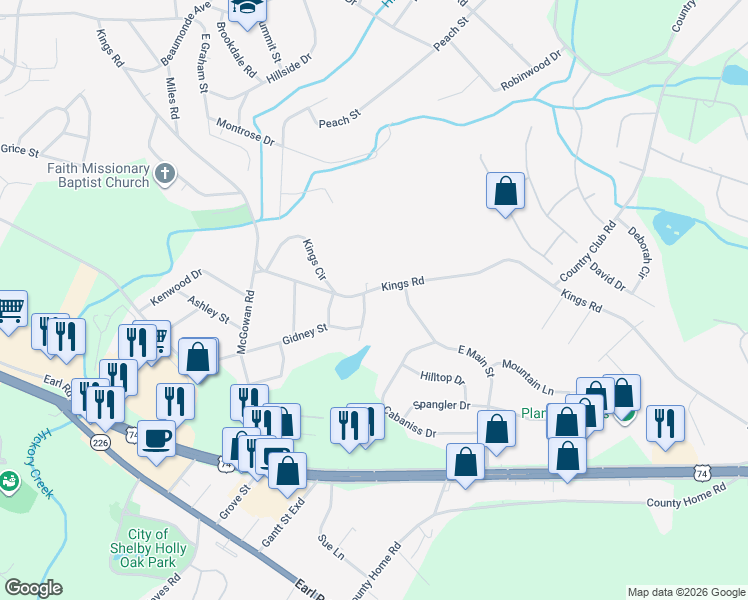 map of restaurants, bars, coffee shops, grocery stores, and more near 1525 Kings Road in Shelby