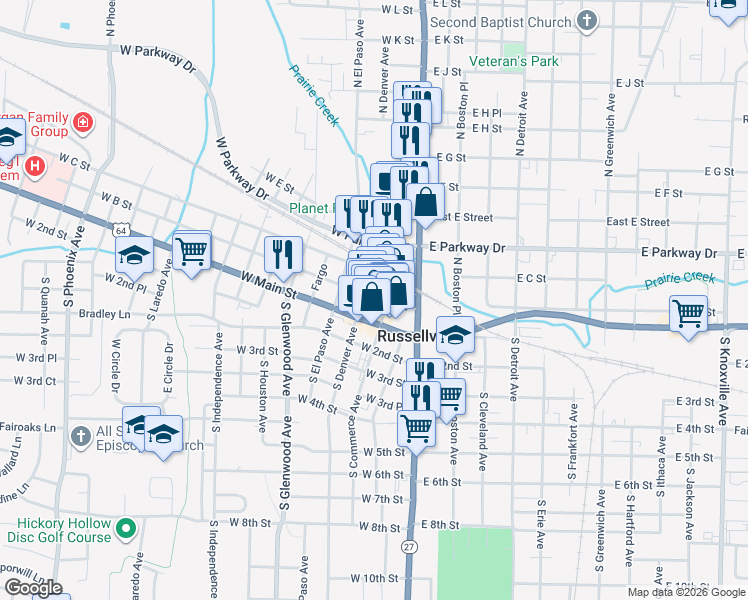 map of restaurants, bars, coffee shops, grocery stores, and more near 313 West B Street in Russellville