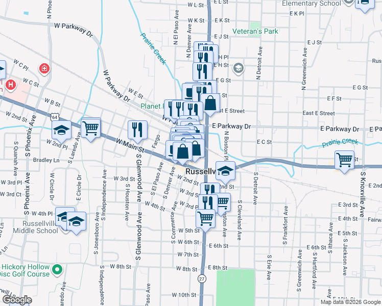 map of restaurants, bars, coffee shops, grocery stores, and more near 205 Commerce in Russellville