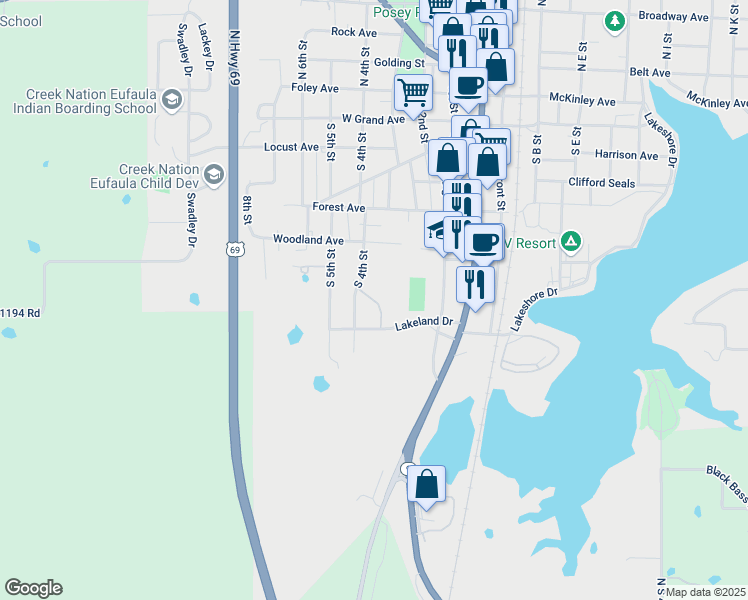 map of restaurants, bars, coffee shops, grocery stores, and more near 401 Lakeland Cove Terrace in Eufaula