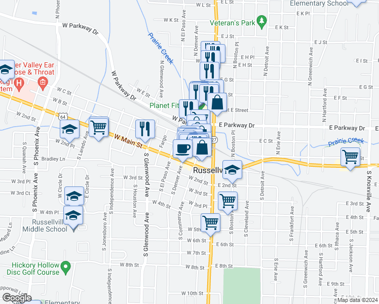 map of restaurants, bars, coffee shops, grocery stores, and more near 321 West B Street in Russellville
