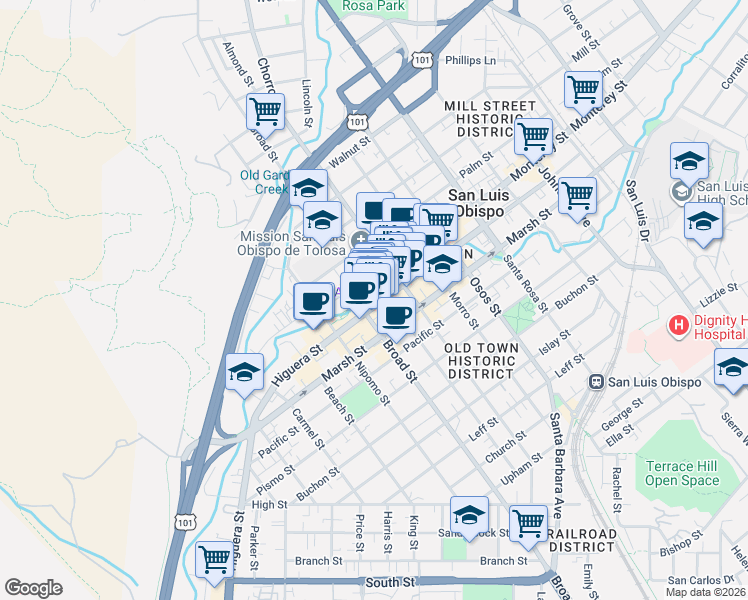 map of restaurants, bars, coffee shops, grocery stores, and more near 736 Higuera Street in San Luis Obispo