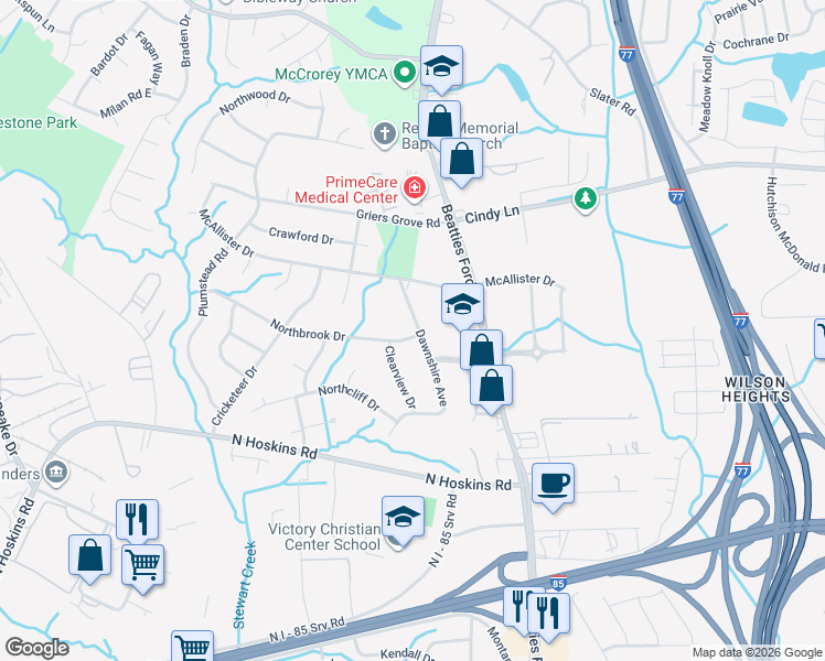 map of restaurants, bars, coffee shops, grocery stores, and more near in Charlotte