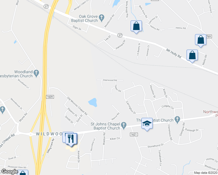 map of restaurants, bars, coffee shops, grocery stores, and more near 515 Whitlock Drive in Charlotte