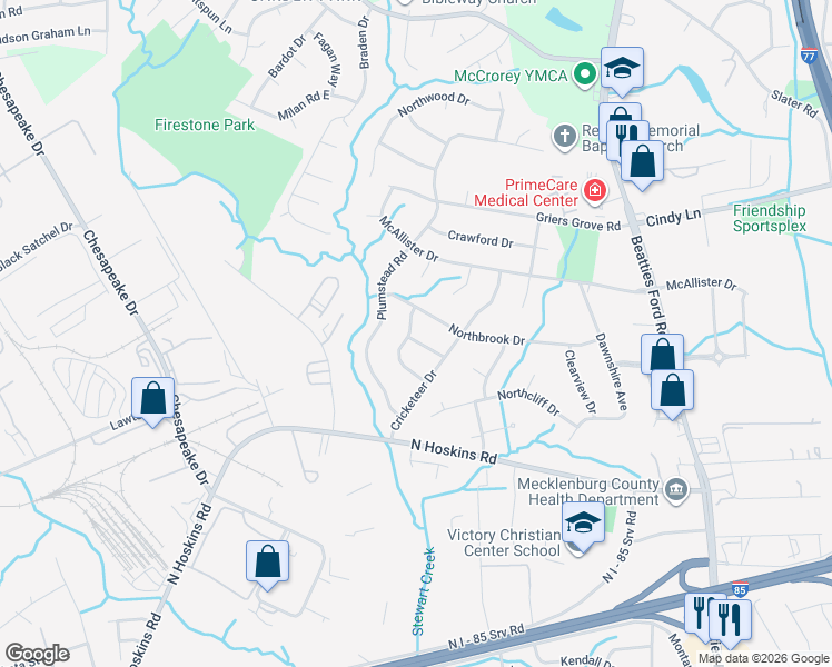 map of restaurants, bars, coffee shops, grocery stores, and more near 1615 Northbrook Drive in Charlotte
