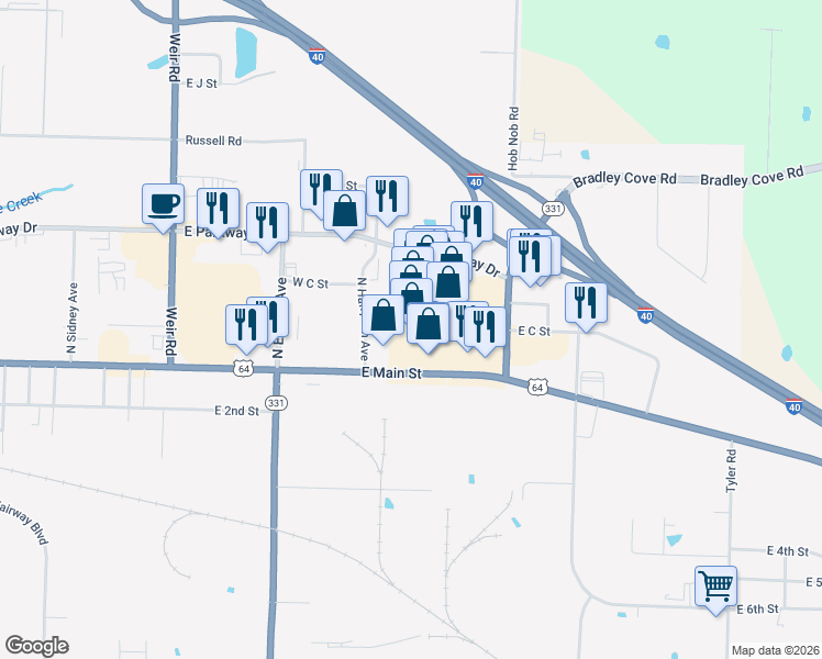 map of restaurants, bars, coffee shops, grocery stores, and more near 3057 East Main in Russellville