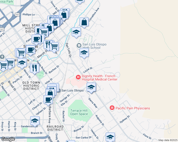 map of restaurants, bars, coffee shops, grocery stores, and more near 1760 Fixlini Street in San Luis Obispo