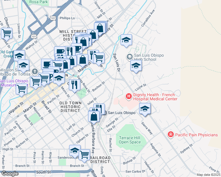 map of restaurants, bars, coffee shops, grocery stores, and more near 1563 Penny Lane in San Luis Obispo