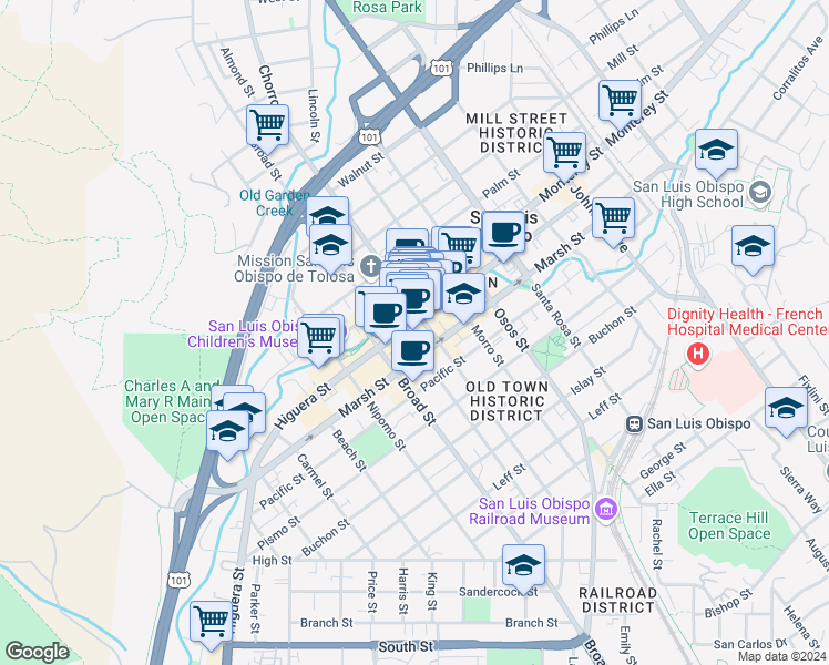 map of restaurants, bars, coffee shops, grocery stores, and more near 796 Higuera Street in San Luis Obispo
