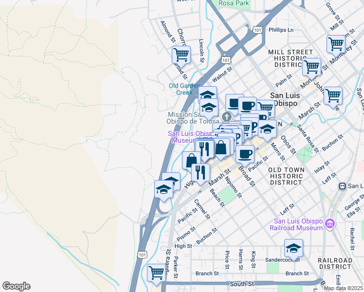 map of restaurants, bars, coffee shops, grocery stores, and more near 557 Brizzolara Street in San Luis Obispo