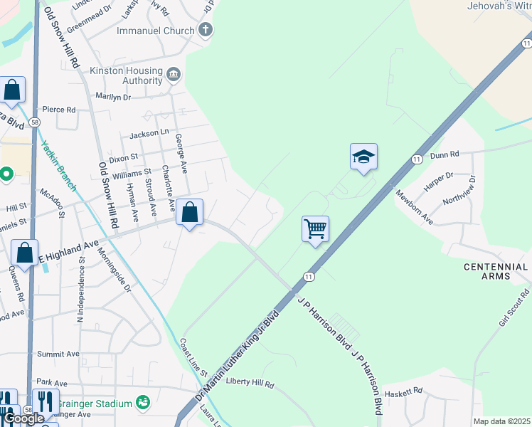 map of restaurants, bars, coffee shops, grocery stores, and more near 9 Saint Johns Village in Kinston