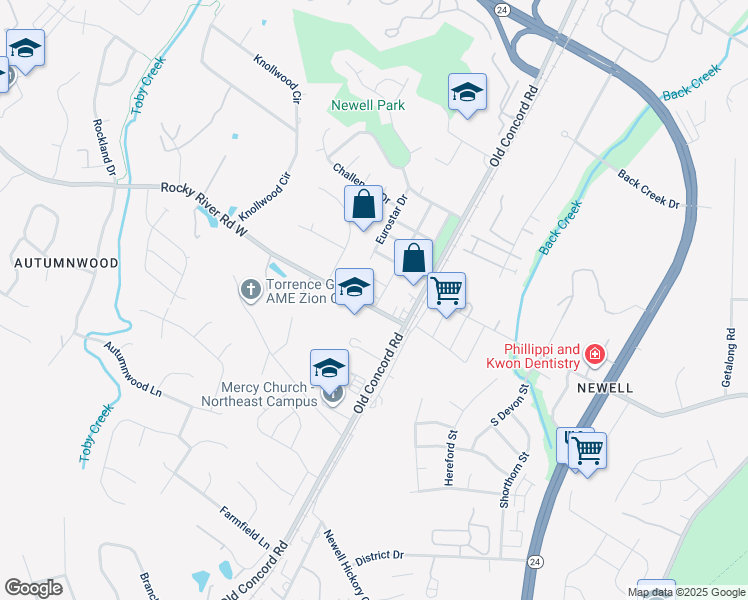 map of restaurants, bars, coffee shops, grocery stores, and more near 1501 Rocky River Road West in Charlotte