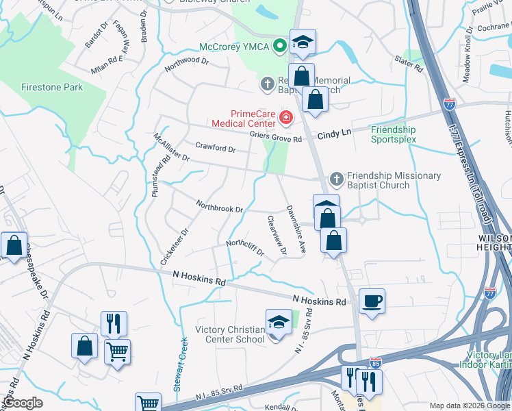 map of restaurants, bars, coffee shops, grocery stores, and more near 3319 Dawnshire Avenue in Charlotte