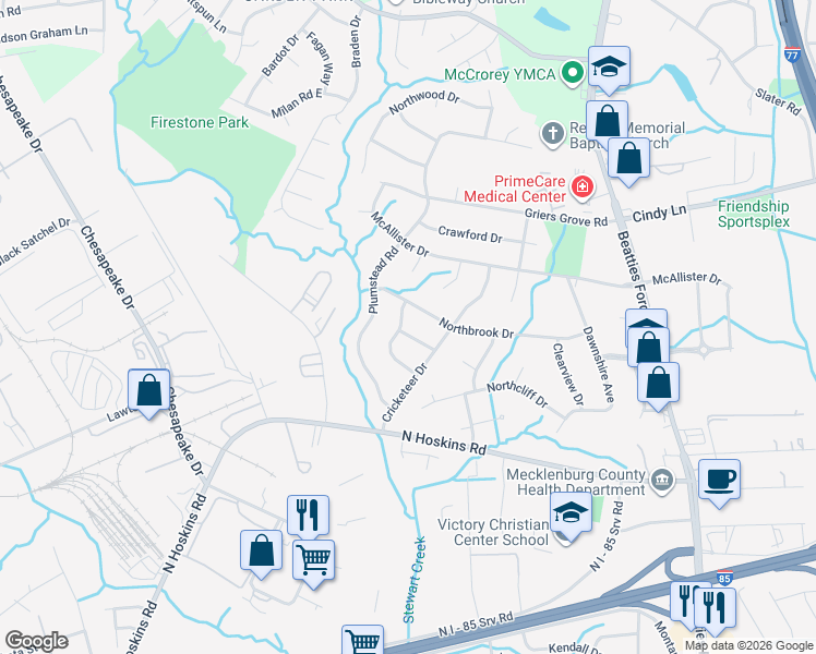 map of restaurants, bars, coffee shops, grocery stores, and more near 1615 Northbrook Drive in Charlotte