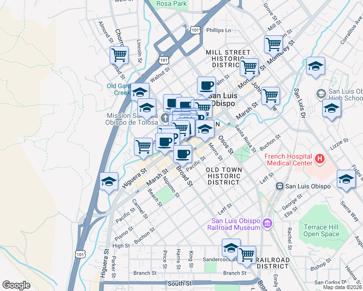 map of restaurants, bars, coffee shops, grocery stores, and more near 796 Higuera Street in San Luis Obispo