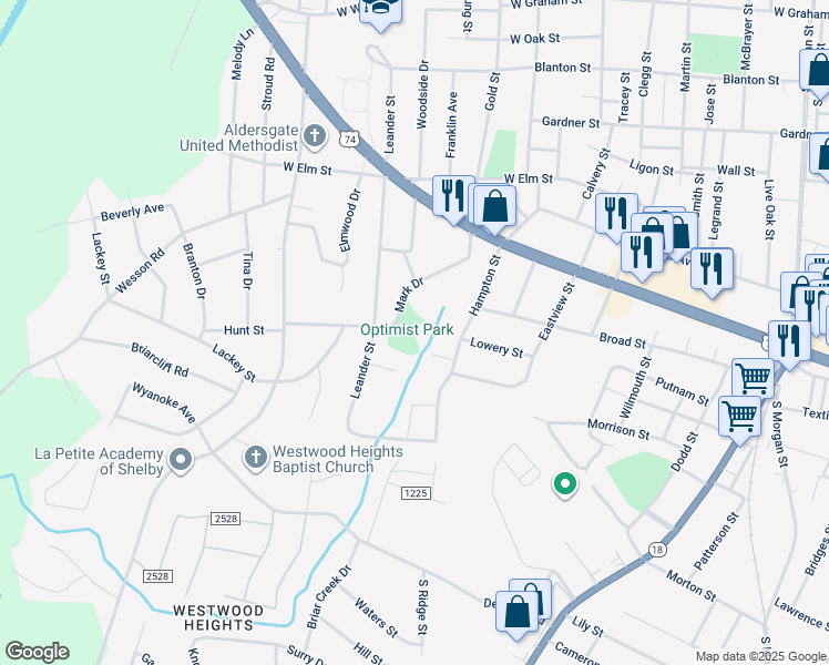 map of restaurants, bars, coffee shops, grocery stores, and more near 1007 Mark Drive in Shelby